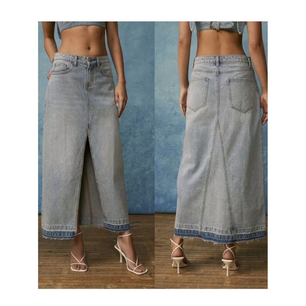 BDG NWT Urban Outfitters Mandi Denim Maxi Split Front Raw Hem Skirt SZ XS